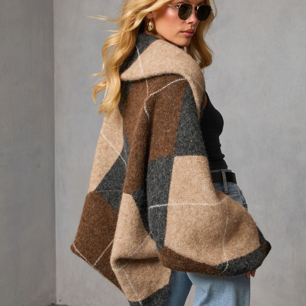 Cozy Patchwork Wool-Blend Cape in Neutral Tones
